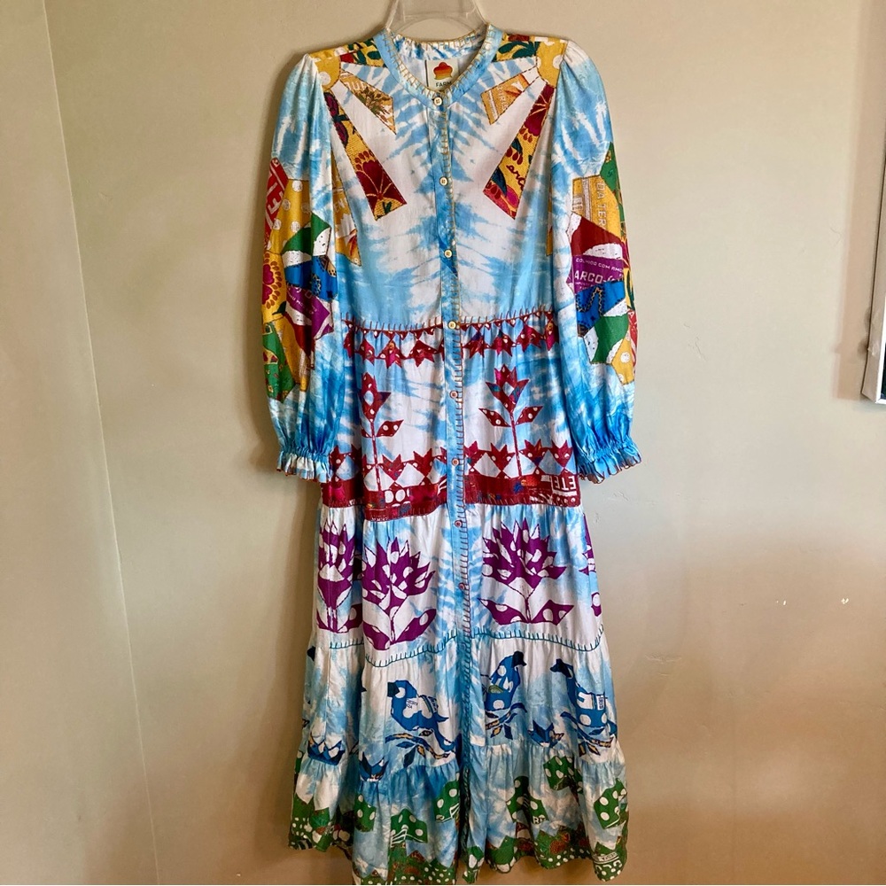 RARE FARM Rio Tie Dye Rainbow Patchwork Maxi Dress Batik Print Blue Size S or M - Picture 8 of 16